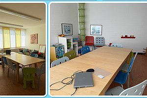 Collage aus vier Fotos zeigt oben links eine bunte Säule mit der Aufschrift 'BILD SKIN', oben rechts einen Hauseingang mit Glastür und Klingel, unten links einen Besprechungsraum mit mehreren Stühlen um einen Tisch und unten rechts einen weiteren Besprechungsraum mit bunten Stühlen, einem Laptop und einem langen Tisch.