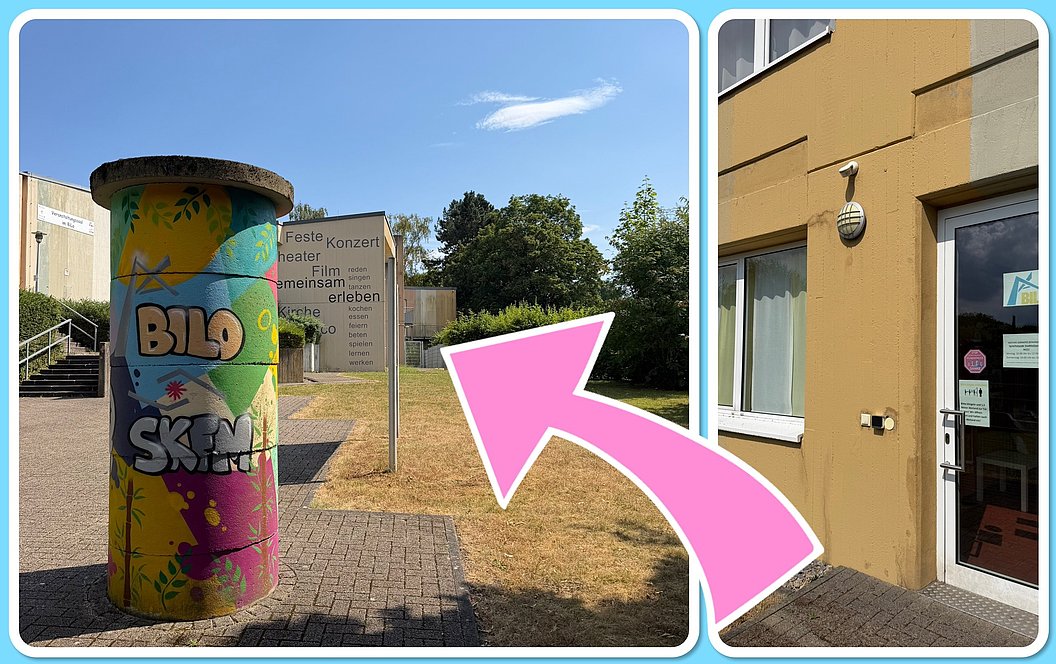 Collage aus vier Fotos zeigt oben links eine bunte Säule mit der Aufschrift 'BILD SKIN', oben rechts einen Hauseingang mit Glastür und Klingel, unten links einen Besprechungsraum mit mehreren Stühlen um einen Tisch und unten rechts einen weiteren Besprechungsraum mit bunten Stühlen, einem Laptop und einem langen Tisch.