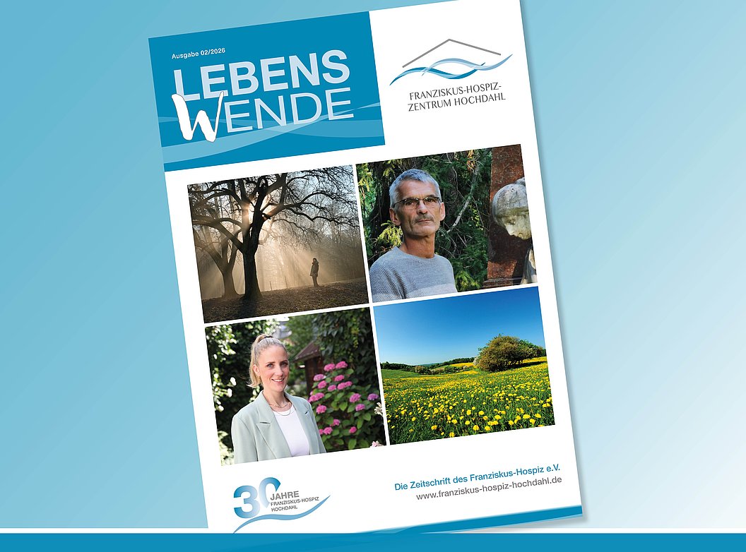Titelseite der Zeitschrift "LEBENS WENDE" mit vier Fotos, darunter zwei Porträts von Personen mit unkenntlich gemachten Gesichtern, ein Baum in einer Landschaft und eine Blumenwiese.
