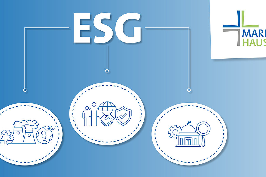 Infografik mit den Buchstaben ESG und drei verbundenen Symbolen für Umwelt, Soziales und Unternehmensführung, rechts oben das Logo von Marienhaus