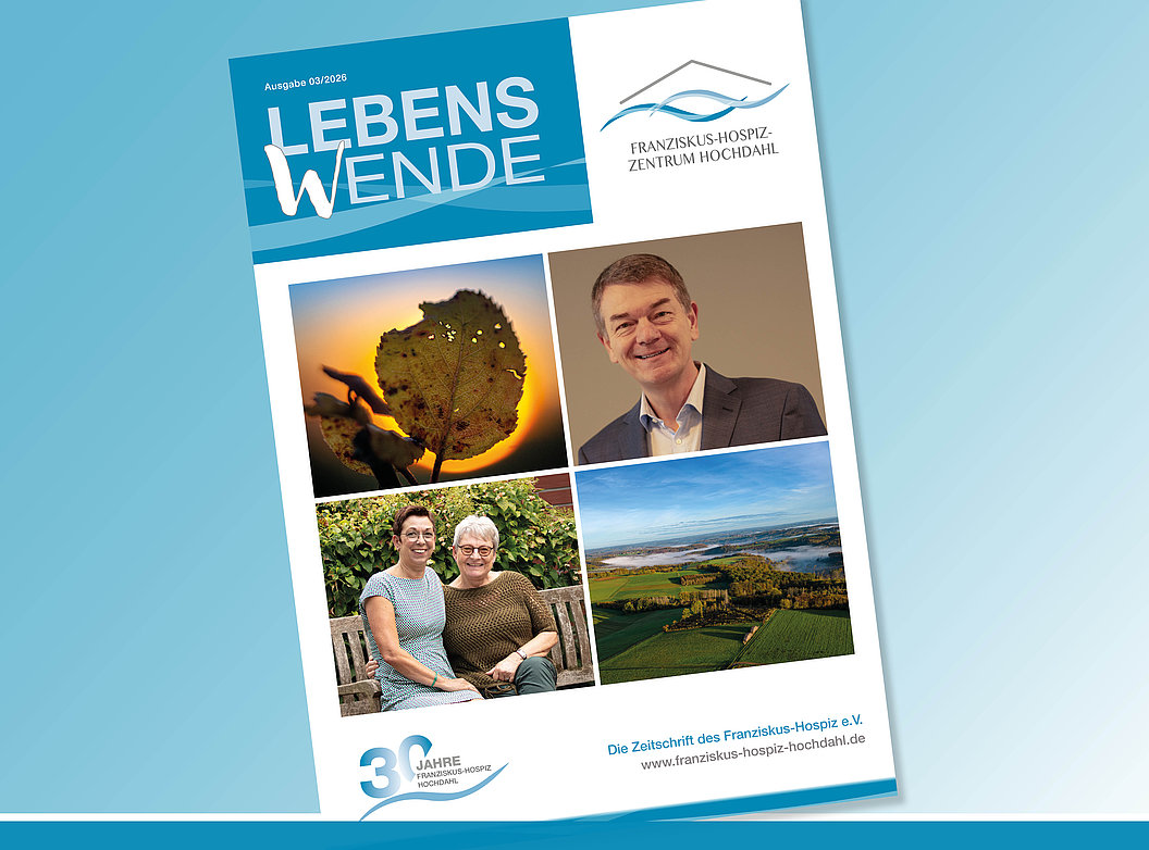 Titelseite der Zeitschrift "LEBENS WENDE" mit vier Fotos: ein Blatt vor Sonnenuntergang, ein Mann im Anzug, zwei Frauen auf einer Bank und eine Landschaftsaufnahme