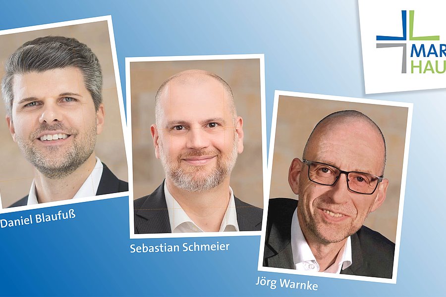 Drei Porträtfotos von Männern mit den Namen Daniel Blaufuß, Sebastian Schmeier und Jörg Warnke, rechts oben das Logo von Marienhaus