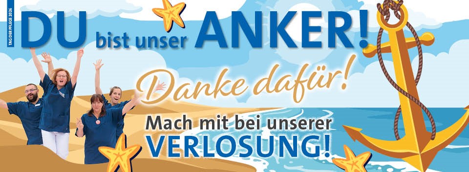 Vier jubelnde Menschen vor einem großen gelben Anker mit Seil und mehreren gelben Sternen, darüber der Text 'DU bist unser ANKER! Danke dafür! Mach mit bei unserer VERLOSUNG!'