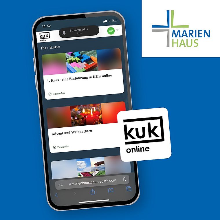 Smartphone zeigt die Kursübersicht der KUK online Plattform mit Kursen zu 'Kurs – eine Einführung' und 'Advent und Weihnachten', daneben das Marienhaus-Logo