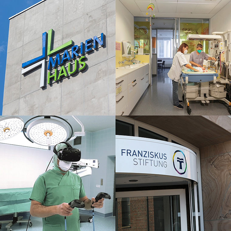 Vierteilige Collage zeigt: 1. Außenwand mit grün-blauem 'Marien Haus' Schriftzug, 2. Zwei medizinische Fachkräfte mit Schutzmasken an einem Krankenbett, 3. Person mit VR-Brille und Controllern in Operationssaal, 4. Eingang mit 'Franziskus Stiftung' Schild