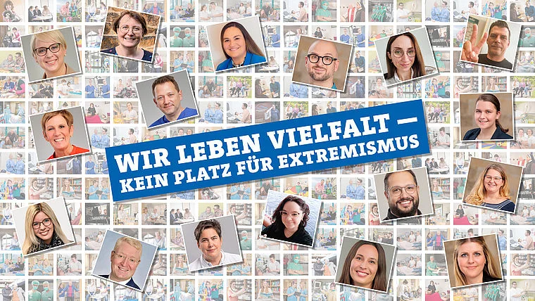 Collage aus Porträts verschiedener Menschen umgeben von vielen kleinen Fotos, mit Text 'Wir leben Vielfalt – kein Platz für Extremismus' in der Mitte
